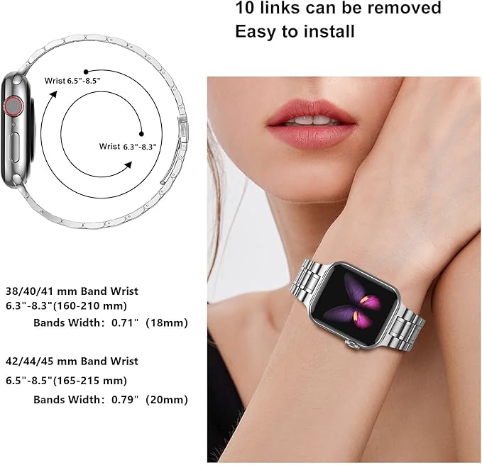 MioHHR Solid Stainless Steel Band Compatible with Apple Watch 45mm, Metal Strap with Soft TPU Case for iWatch Series 9 8 7 45mm Women and Men, Silver - Image 5