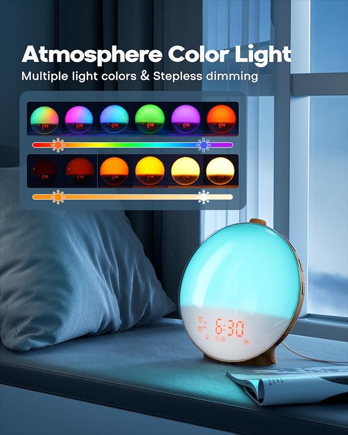 Dekala Sunrise Alarm Clock for Heavy Sleepers, Wood Grain Wake up Light Sunset Simulation, 7 Nature Sounds, Dual Alarms, Colorful Ambient Lamp, FM Radio, Snooze, Sleep Aid for Kids & Adults Bedroom - Image 4