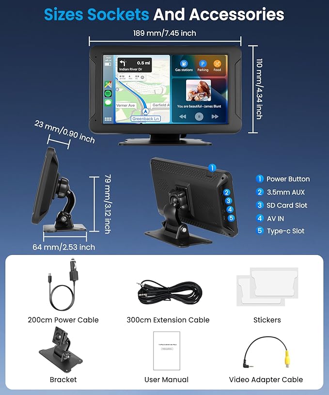 7-Inch Wireless CarPlay Screen Portable Car Stereo, Upriding Wireless Android Auto Mirror Link, IPS Touch Screen, Voice Control, Navigation, Bluetooth - Image 7
