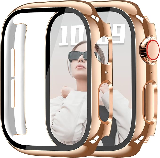 JR.DM 44mm 2 Pack Hard PC Case with HD Tempered Glass Screen Protector for Apple Watch Series 6/5/4/SE/SE2/SE3, Guard Bumper Full Protective Anti-Scratch Face Cover for iWatch, Glossy Rose Gold+Clear by JRDM