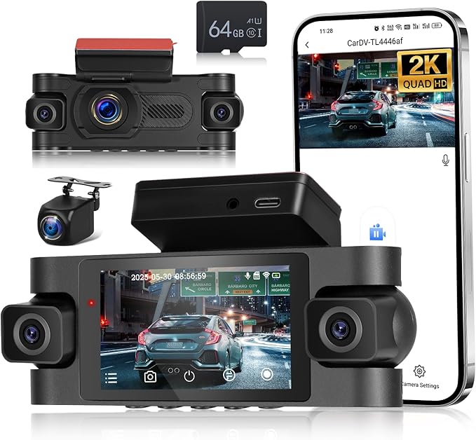EKAT 5GHz WiFi 4 Channel Dash Cam, 2K Front+1080P*3 Rear Inside Left Right, 360°View Dash Camera for Cars, 3 Inch IPS Screen with Loop Recording/Night Vision/G-Sensor/24H Parking Mode, Free 64GB Card by EKAT