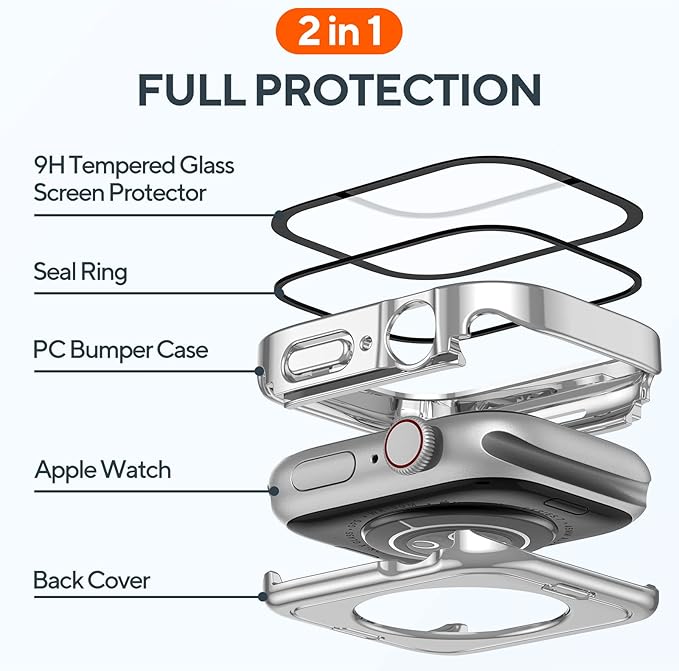 2 Pack 2 in 1 Waterproof Case for Apple Watch Series 10/Series 11 42mm, Straight Edge PC Front & Back Bumper with Tempered Glass Screen Protector 360 Protective Cover for iWatch (42mm, Silver/Clear) - Image 3