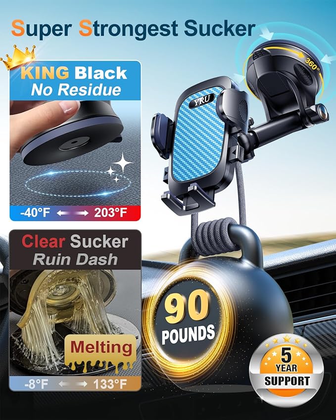 YRU True Military-Grade [360° Rotation Suction] 2026 Ultimate Car Phone Holder Mount 【90+LBS Safest Strongest & Patent Certs】 Dashboard Windshield Vent for iPhone 17 16 Pro Max Samsung, Royal Blue - Image 2