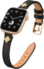 STROLL Thin Leather Band Compatible with Apple Watch Bands 49mm 46mm 45mm 44mm 42mm Women, Stylish Genuine Leather Strap with Charms, Slim Wristband Design for iWatch SE Ultra Series 11 10 9 8 7 6 5 4 3 2 1, Black/RoseGold by STIROLLWatchBand