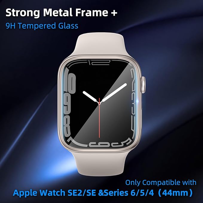 SWUU 2 Pack Tempered Glass Screen Protector with Metal Frame Compatible with Apple Watch SE2 SE Series 6 5 4 44mm Screen Protector, Waterproof HD Film for iWatch 44mm Starlight - Image 5