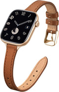 STIROLL Slim Leather Bands Compatible with Apple Watch Band 38mm 40mm 41mm 42mm(Series 11 10), Top Grain Leather Watch Thin Wristband for iWatch SE 9 8 7 6 5 4 3 2 1 (Brown Gold) by STIROLLWatchBand