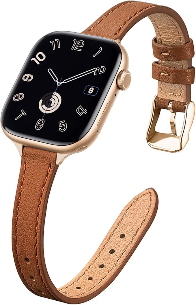 STIROLL Slim Leather Bands Compatible with Apple Watch Band 38mm 40mm 41mm 42mm(Series 11 10), Top Grain Leather Watch Thin Wristband for iWatch SE 9 8 7 6 5 4 3 2 1 (Brown Gold) by STIROLLWatchBand