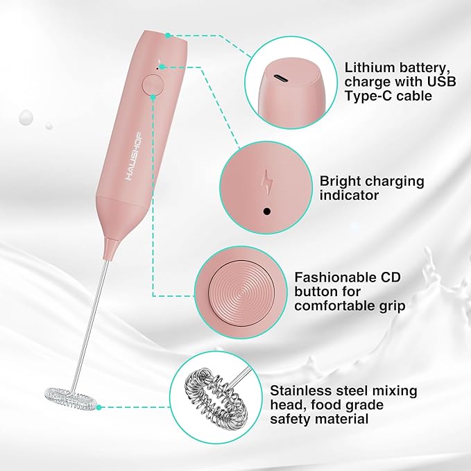 HAUSHOF Powerful Rechargeable Milk Frother Wand with Stand, Handheld Electric Foam Maker, Drink Mixer with Detachable Stainless Steel Whisk for Coffee Latte, Cappuccino, Matcha, Pink - Image 5