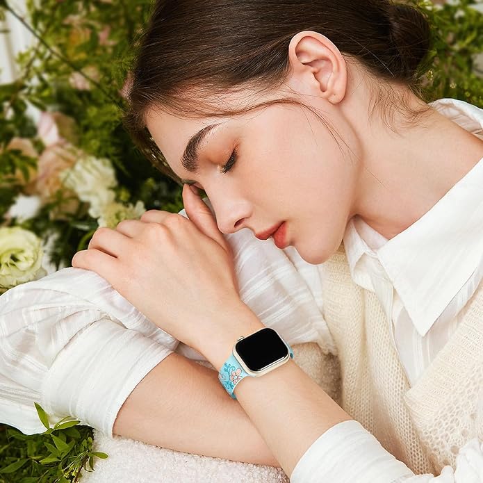 Witzon Floral Band Compatible with Apple Watch Bands For Women 40mm 41mm 38mm 42mm 44mm 45mm 46mm 49mm, Engraved Cute Flower Silicone Dressy Strap for iWatch Series 11 10 9 8 7 6 5 4 3 2 SE Ultra - Image 8
