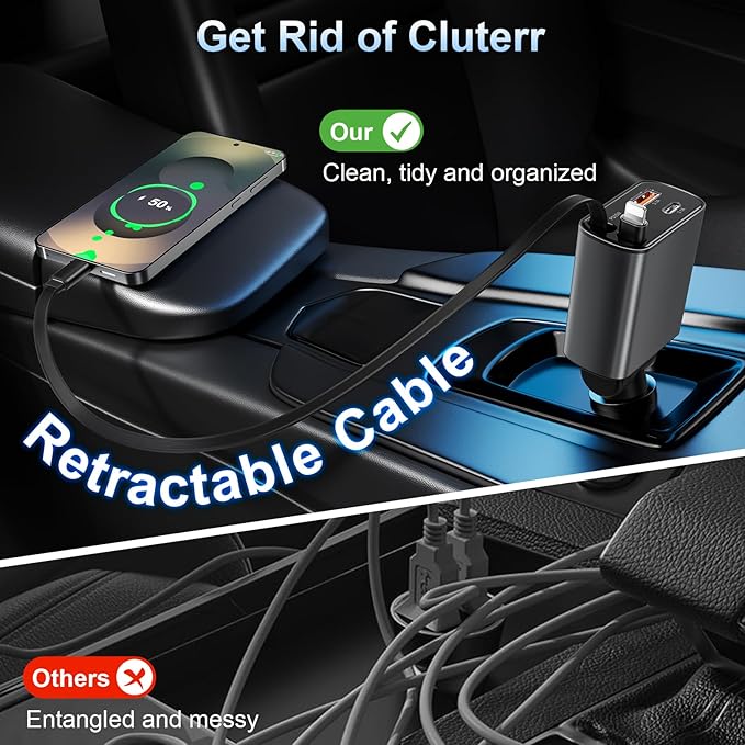 3 Pack Retractable Car Charger USB C Fast Charging, 4 in 1 Car Adapter Phone Charger, 77W Cigarette Lighter USB Charger with Retractable USB C Cable for iPhone16/15/14/13/12/11,Galaxy,Pixel - Image 6