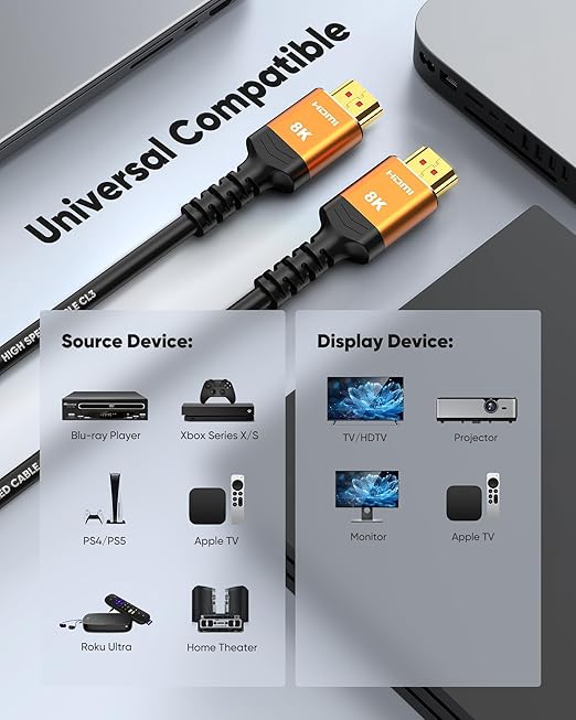 Highwings HDMI Cables 30FT Long, 8K Ultra High Speed HDMI 2.1 Cable [in-Wall CL3 Rated, 48Gbps] 8K@60 4K@120Hz/144Hz, HDMI Cord eARC HDCP 2.2 & 2.3, Compatible for XbX/S/HDTV/GPUs 30 & 40 Series - Image 6