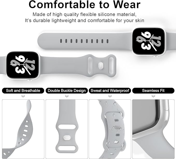 Sport Band Compatible with Apple Watch 38mm 40mm 41mm 42mm 44mm 45mm 46mm 49mm, Replacement Soft Silicone Strap Wristbands for iWatch Series 11/10/9/8/7/6/5/4/3/2/1 Ultra SE Women Men, Gray - Image 3