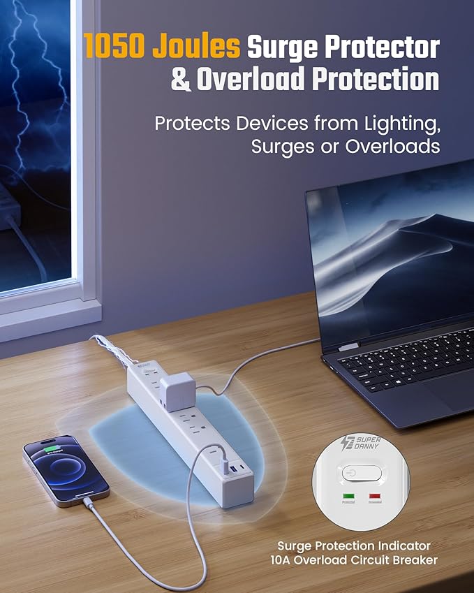 15Ft Long Extension Cord, SUPERDANNY Surge Protector Power Strip with 6 Outlets & 3 USB Ports, Flat Plug Power Strip Wall Mountable, Desk Charging Station for Home Office, College Dorm Room Essentials - Image 6