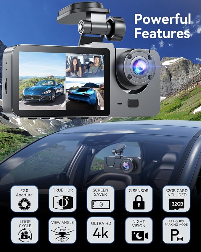 Dash Cam Front and Rear Inside,4K Full HD 3 Channel Dash Camera for Cars, Free 32GB Card, Dashcam with Night Vision, G-Sensor, 24H Parking Mode, 170°Wide Angle, Loop Recording - Image 6