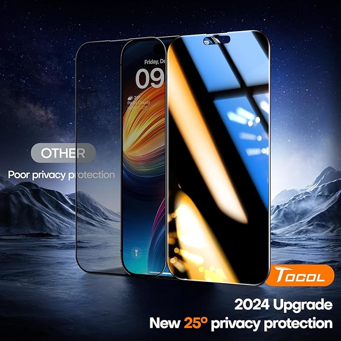 TOCOL for iPhone 14 Pro Privacy Screen Protector True 25°Anti Spy 9H+ Hardness Tempered Glass for iPhone 14 Pro Full Coverage Screen Protector Easy Installation 2 Pack - Image 2