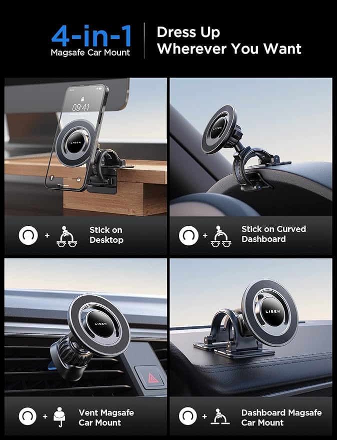 LISEN for MagSafe Car Mount [360° Rotation] Magnetic Phone Holder for Car Vent Phone Mount, Hands Free Phone Mount for Car Accessories fit iPhone Includes Vent/Dashboard Mount, Black Kits - Image 2
