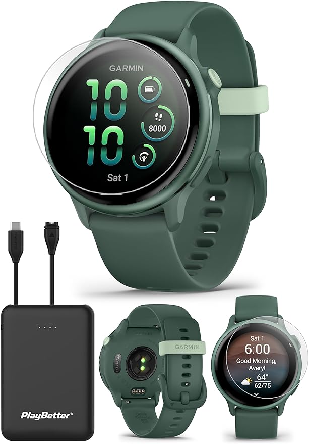 Garmin vivoactive 6 (Metallic Jasper Green) Fitness GPS Smartwatch Bundle - AMOLED Health Watch, 11-Day Battery Life, Body Battery, Music Storage with PlayBetter Screen Protectors & Portable Charger by PlayBetter