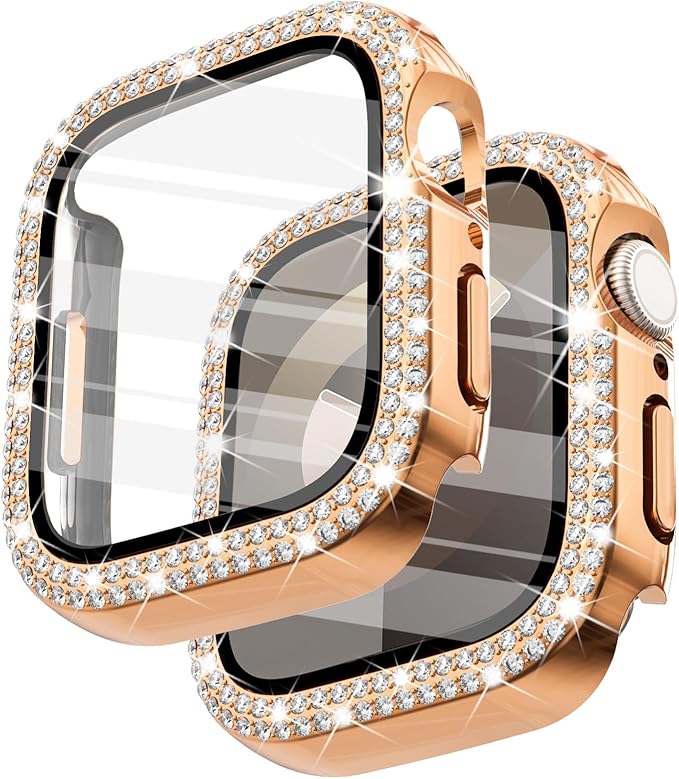 Surace 45mm Case Compatible with Apple Watch Series 9 Series 8 Series 7 Case with Screen Protector, Bling Diamond Overall Protective Case Compatible with Apple Watch Series 7 & 8 & 9 45mm, Rose Gold by Surace