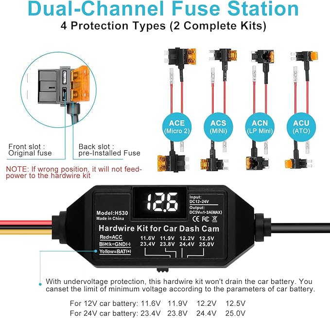 Dash Cam Hardwire Kit USB C, 12V-24V to 5V/3A Adapter Power Cable with Voltage Display, 24/7 Parking Mode, Acc Detection, 4-Level Low Voltage Protection (11.6V/11.9V/12.2V/12.5V) - Image 5