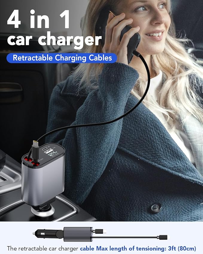 Fast Charging USB C Car Charger, 4-in-1 Retractable Phone Charger for iPhone 17, Travel Essentials, Gifts for Women Men, Car Accessories for Women Men, for iPhone 17 16 15 14 13, Galaxy, Pixel - Image 4