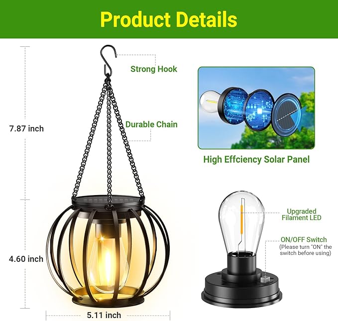 KOOPER Solar Lanterns Outdoor Waterproof, Upgraded Metal Hanging Solar Lights Outdoor Lanterns, Brighter Auto On/Off Outdoor Hanging Lantern for Yard Patio Pathway Porch Garden Decor 2 Pack - Image 8