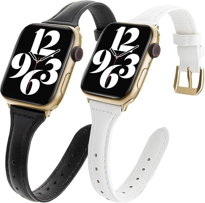 2 pack Slim Genuine Leather Bands Compatible with Apple Watch Band 38mm 40mm 41mm 42mm 44mm 45mm 49mm,Top Layer Leather Watch Thin Women Men Straps for iWatch Series 9/8/7/6/5/4/3/2/1 Ultra SE by SEURE