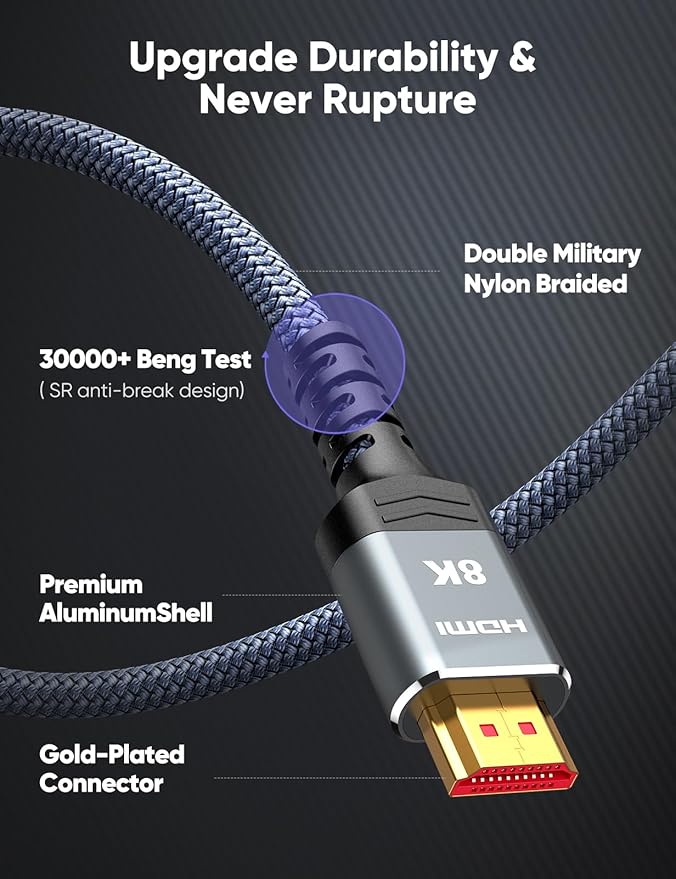 Highwings 8K HDMI Cable 2.1 8FT/2.5M 2-Pack, 48Gbps High Speed HDMI Cord-Nylon Braided 8K60Hz 4K120Hz 4K144Hz 3D eARC HDR10 4:4:4 HDCP 2.2&2.3 QMS DSC VRR, Compatible for Laptop, Monitor, Roku TV,HDTV - Image 5