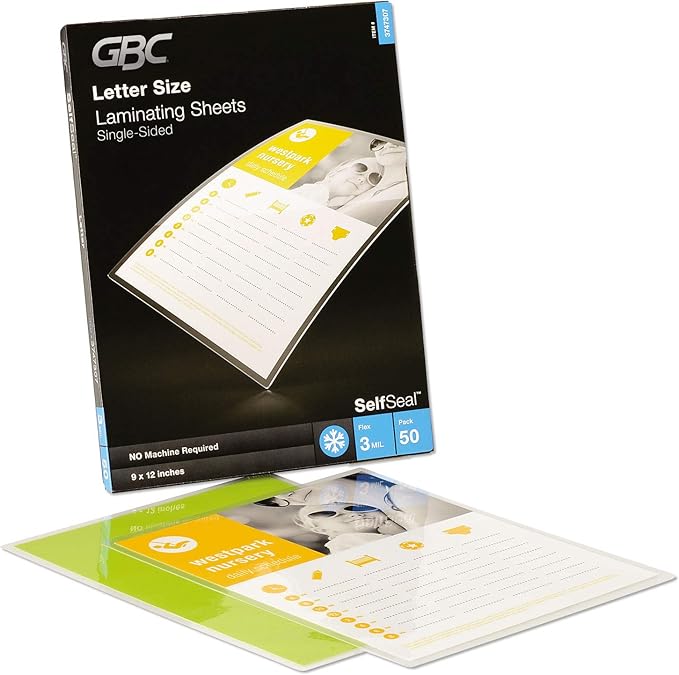 GBC Swingline Laminating Sheets, Self Adhesive Pouches, Letter Size, Glossy, 3 Mil, Self Seal, 50 Pack (3747307) by GBC