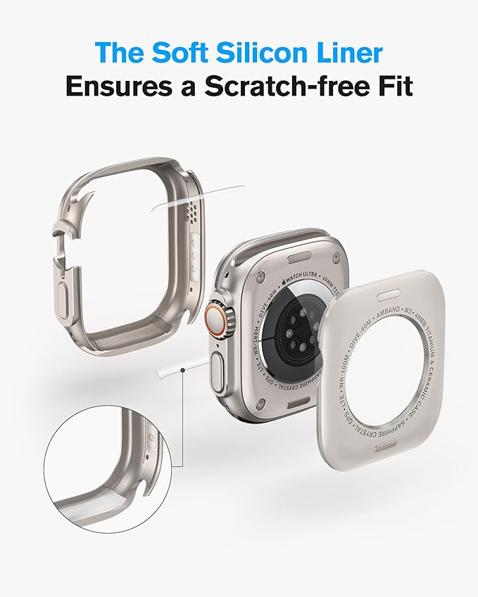 amBand Metal Case Screen Protector for Apple Watch Ultra 3/Ultra 2/Ultra 49mm, W3 Rugged Bumper Thin Frame with 9H Tempered Glass Film & Back Cover, [Waterproof] [Band Compatible], Natural Titanium - Image 7