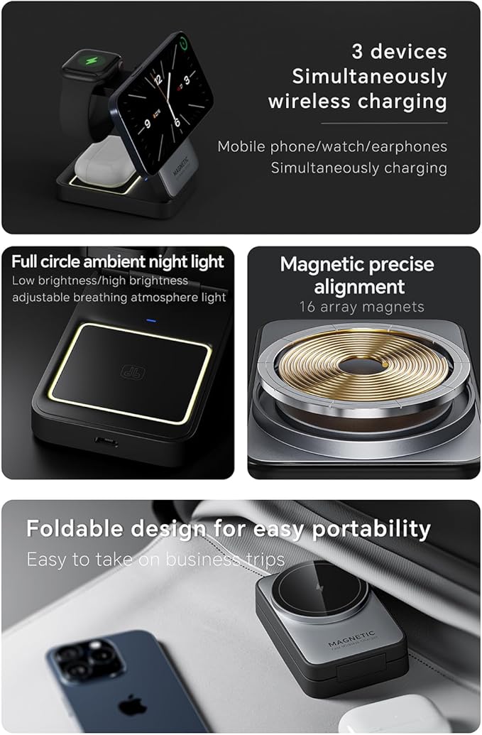 2026 Upgraded 3-in-1 Wireless Charger for iPhone,Travel Magnetic Charger Stand Nightlight Foldable Wireless Charging Station Compatible with Magsafe Charger&iPhone 17/16/15/14/13,Apple Watch&AirPods - Image 7