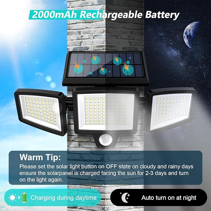 Tuffenough Solar Outdoor Lights 2500LM 210 LED Security Lights with Remote Control,3 Heads Motion Sensor Lights, IP65 Waterproof,270° Wide Angle Flood Wall Lights with 3 Modes(2 Packs) - Image 4