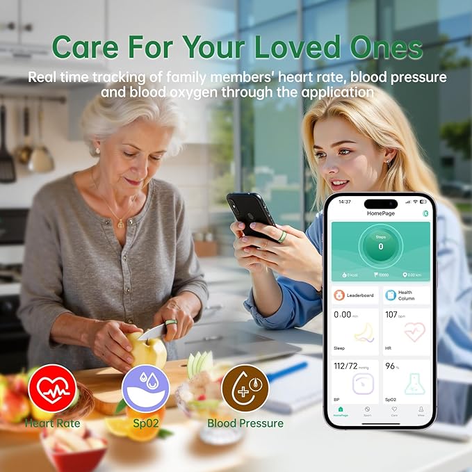 Smart Ring for Women & Men, Health Tracker Ring with Heart Rate, Blood Oxygen,Blood Pressure, IP68 Waterproof Fitness Ring, Sleep Tracker for iPhone and Android, No APP Fee (Green, 8#) - Image 3