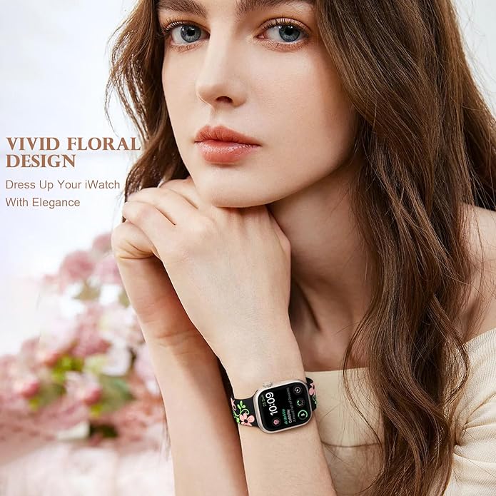 Witzon Floral Band Compatible with Apple Watch Bands For Women 40mm 41mm 38mm 42mm 44mm 45mm 46mm 49mm, Engraved Cute Flower Silicone Dressy Strap for iWatch Series 11 10 9 8 7 6 5 4 3 2 SE Ultra - Image 6