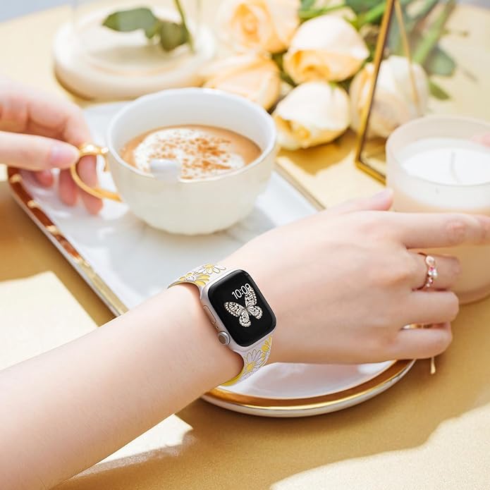DaQin Floral Engraved Band Compatible with Apple Watch Bands for Women 40mm 41mm 42mm 44mm 45mm 46mm 38mm, Cute Two-Tone Flower Soft Silicone Sport Strap for iWatch Series 11 10 9 8 7 6 5 4 3 2 1 SE - Image 6