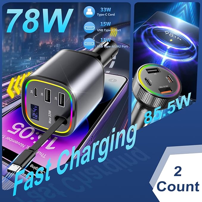 2 Car Charger USB C, AGEMANY 78W Retractable Car Charger with Cable 4in1 & 4 Ports Cigarette Lighter Adapter 85.5w Fast Charging Car Phone Charger for iPhone Android, 12v/24v Car Accessories Gift - Image 2
