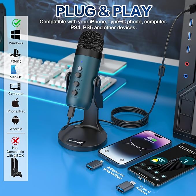 ZealSound USB Condenser Microphone,Computer PC Gaming Mic,Plug&Play Microphones for PS 4&5.Monitor Adjust&Volume Control,Mic Gain Control,Mute Button for TikTok,YouTube Podcast on Mac&Windows(Teal) - Image 2