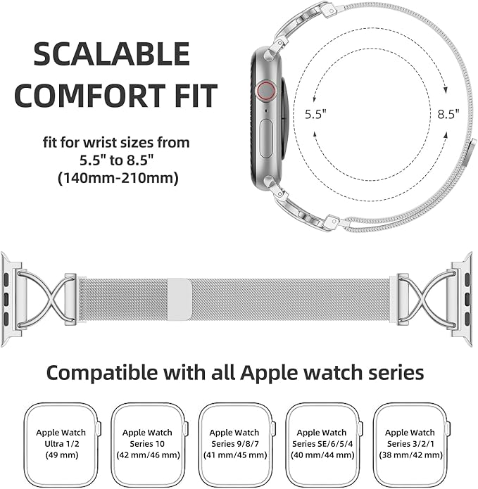 Dirrelo Stainless Steel Band Compatible with iWatch Bands for Women 44mm 45mm 46mm 49mm 40mm 41mm 42mm Men, Slim Mesh Replacement Strap for Apple Watch Series 9 Band 10 8 7 6 5 4 2 1 SE Ultra, Silver - Image 6