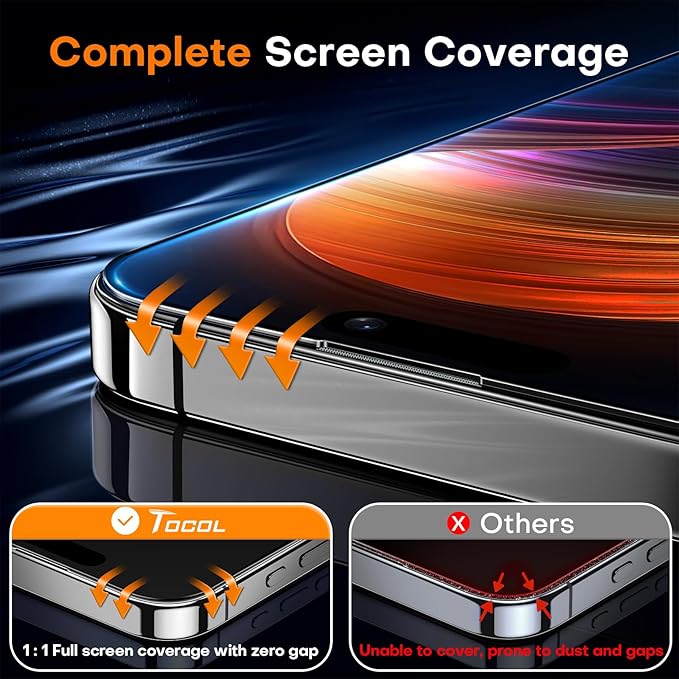 TOCOL for iPhone 15 Screen Protector [Military Grade Shatterproof] HD Tempered Glass for iPhone 15 Full Coverage Screen Protector, Anti-Fingerprint, Easy Installation, 2 Packs - Image 3