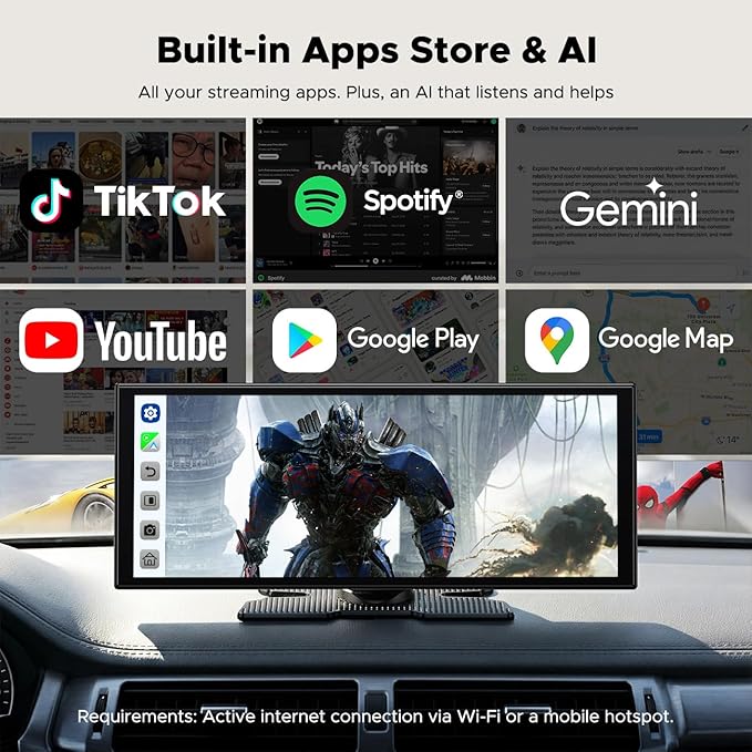 11" AI CarPlay Screen with Full Google-Play Access: Download Apps for Streaming, Gemini & More, 8-Core Processor, Built-in GPS, 1920x720 IPS 60FPS Screen, Android Auto, OTA, 1080P DVR Backup Camera - Image 3