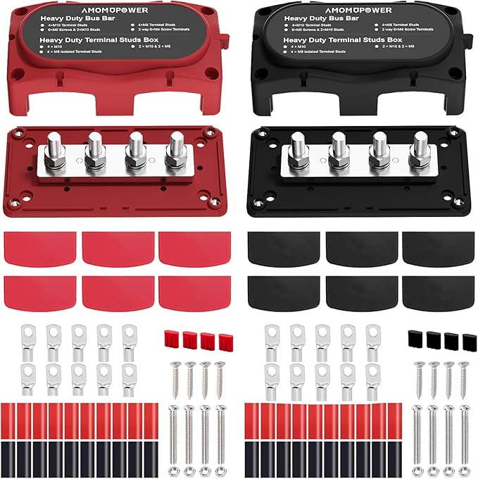2Pcs 300A Busbar 12-48V DC Heavy Duty Copper Power Distribution Block 4 X M8 (5/16") Terminals Studs 8 Srews with Waterproof Cover Battery Bus Bar for Automotive RV Marine Truck(Black&Red) - Image 2