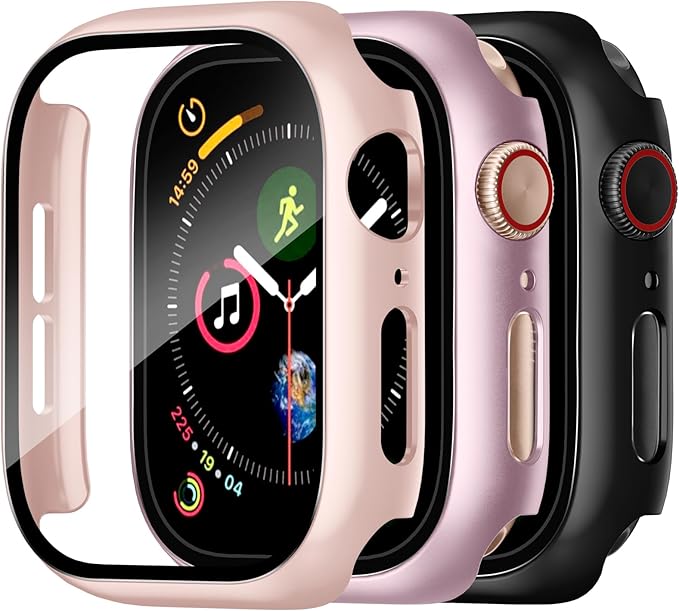 Charlam 3 Pack Case Compatible with Apple Watch Case 40mm, Full Coverage Bumper Protective Cover Scratch Resistant Cover with Screen Protector for iWatch SE SE2 SE3 Series 6/5/4, Black Pink Rose Pink by Charlam