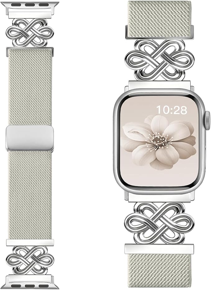 Stretchy Solo Loop Band Compatible with Apple Watch Bands for Women Men 40mm 38mm 41mm 42mm, Magnetic Soft Nylon with Designer Interlock Buckle Band for iWatch Series 10/9/8/7/6/5/4/3/2/1/SE by CHINBER