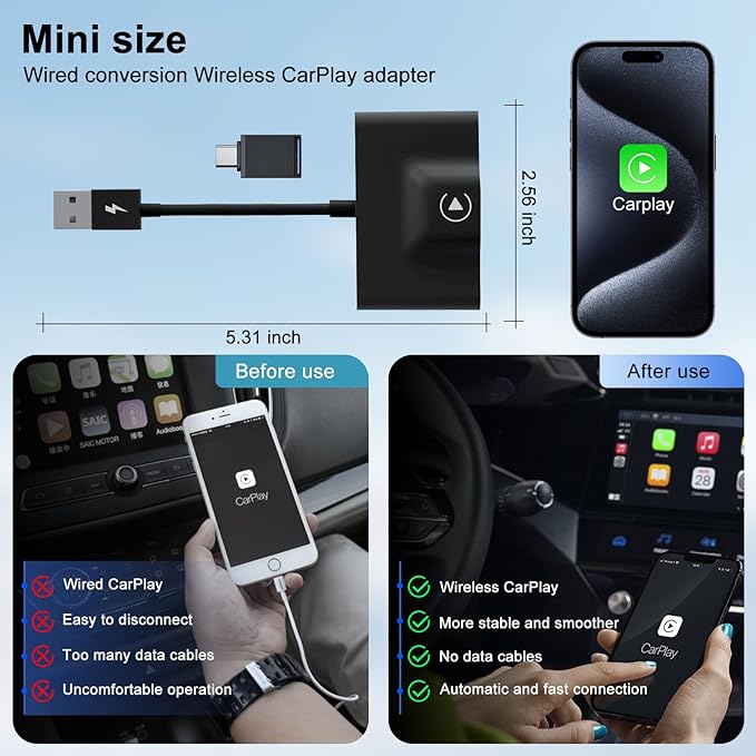 CarPlay Wireless Adapter for Apple, CarPlay Wireless Adapter Convert Factory Wired to Wireless CarPlay, Auto Connect Plug and Play, Compatible with iPhone 6 and Above, iOS 10+, From 2017 and Later Car - Image 8