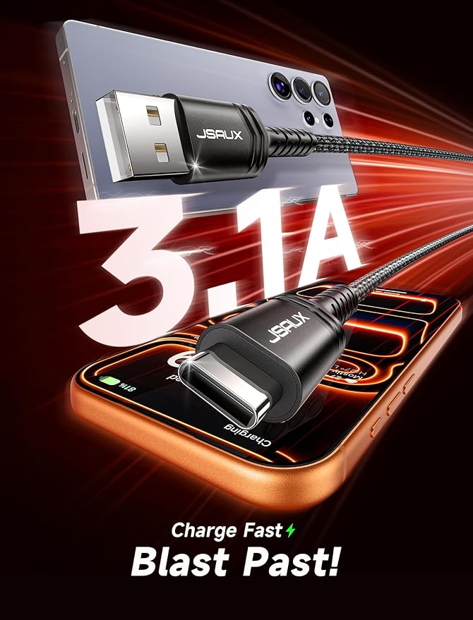 JSAUX USB C Cable [2-Pack 6.6ft], USB A to USB Cord Fast Charging for iPhone Air, iPhone 17, iPhone 17 Pro, iPhone 17 Pro Max, iPhone 16/iPhone 15 Series, Samsung S20 S10, Note 20 10,Car Play - Black - Image 3