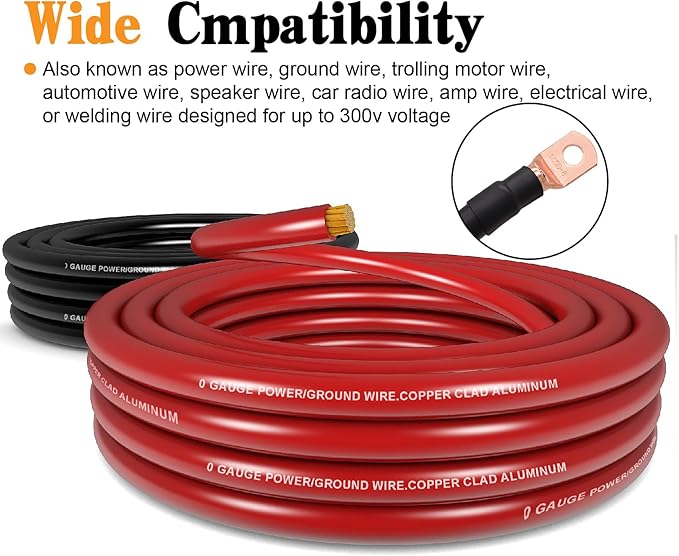 1/0 Battery Cable 0 Gauge Wire 40FT Copper Clad Aluminum Amp Wiring Kit- Automotive Power Ground Cable for Car Audio, Inverter, RV Truck with Pure Copper Lugs & Heat Shrink Tube - Black/Red - Image 6