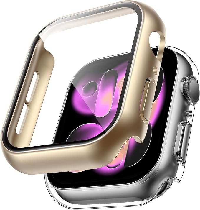 TAURI 2 Pack Hard Case for Apple Watch Series 11/10 42mm, with PC Tempered Glass Screen Protector Scristant Resistant Overall Protection Slim Cover for iWatch S11 42mm, Clear + Gold by TAURI