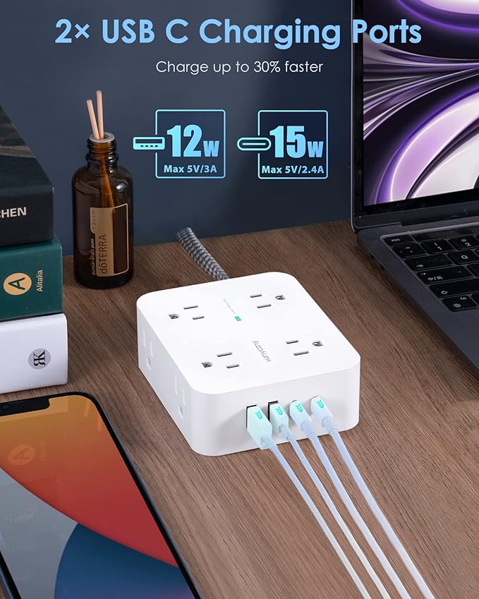 6Ft Surge Protector Power Strip with USB C, HANYCONY Extension Cord with 8 Outlets(2.2 IN) 4 USB Ports(2 USB C), Flat Plug, Wall Mount, 3 Side Outlet Extender for Home Dorm Room Essentials, ETL Listed - Image 4
