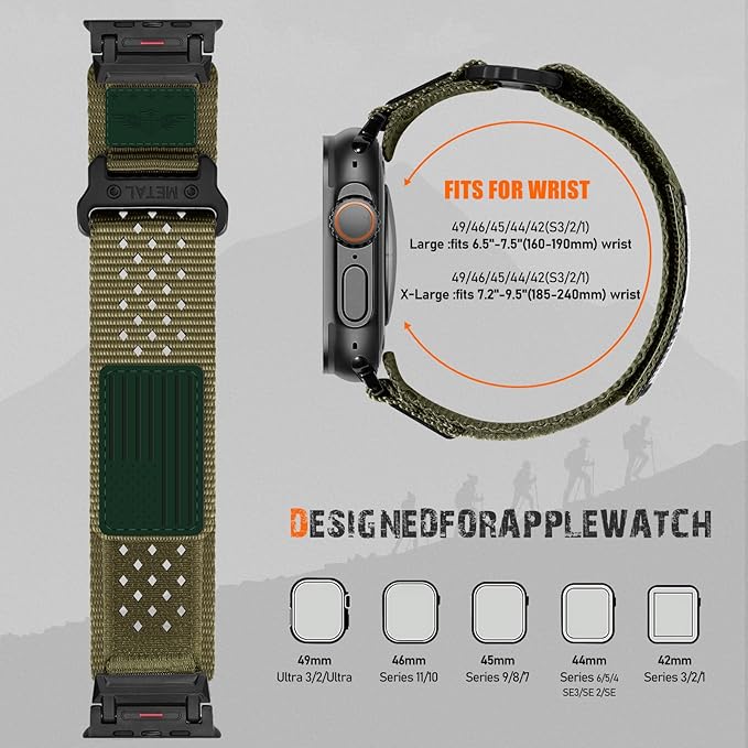 Rugged Nylon Band for Apple Watch Ultra 3/2/1 Series 11 10 9 8 7 6 5 4 SE/3/2/1 for Men,Breathable Stars-Stripes Flag Wristband Workout Athletic Strap for iWatch Ultra Bands 49mm 46mm 45mm 44mm 42mm - Image 7