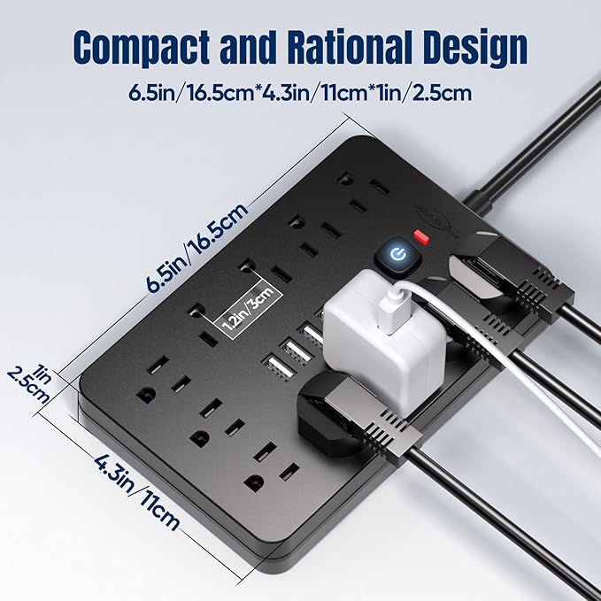 JouleLoom 10 FT Flat Plug Surge Protector Power Strip,11 Multiple AC Outlets with 6 USB Ports (2 USB C), 10 Feet Extension Cord, 1250W/10A, One Touch Switch Button, 17 in 1 Compact powerstrip - Image 4