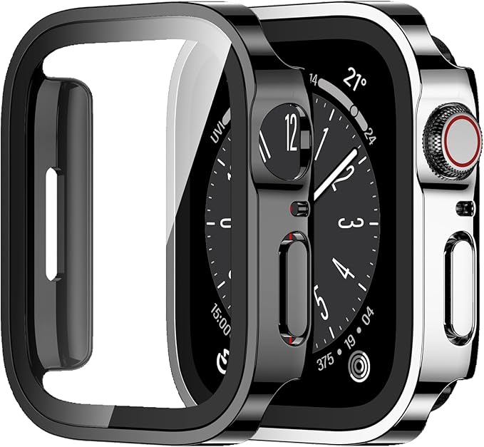 Amizee 2 Pack Compatible with Apple Watch Series 9 8 7 45mm Case with Built-in Screen Protector, Ultra-Thin Hard PC Straight Edge Anti-Scratch Protective Cover for iWatch 45mm (Black/Silver) by Amizee